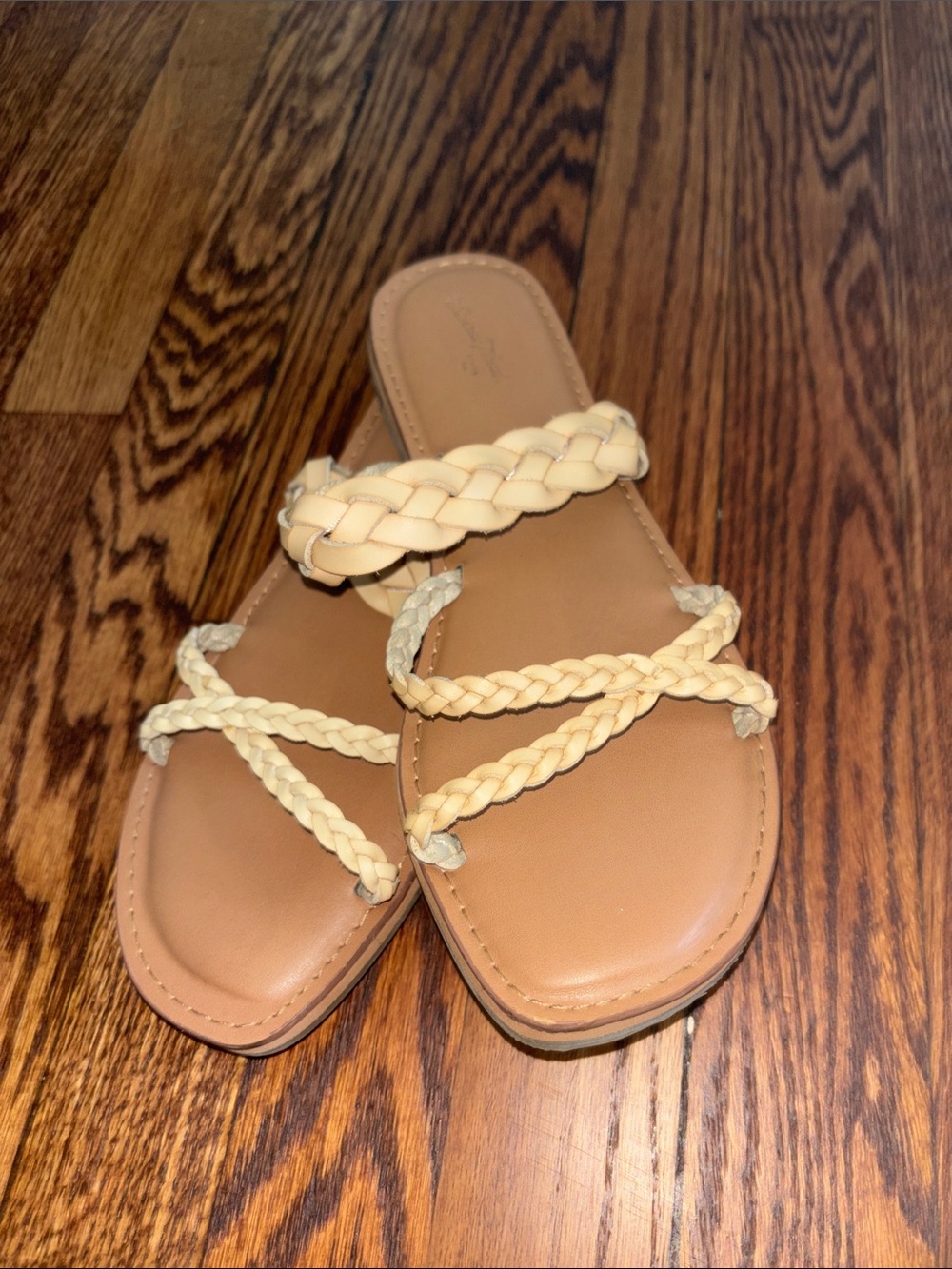 Braided Double-Strap Slide Sandals in Cream and Tan